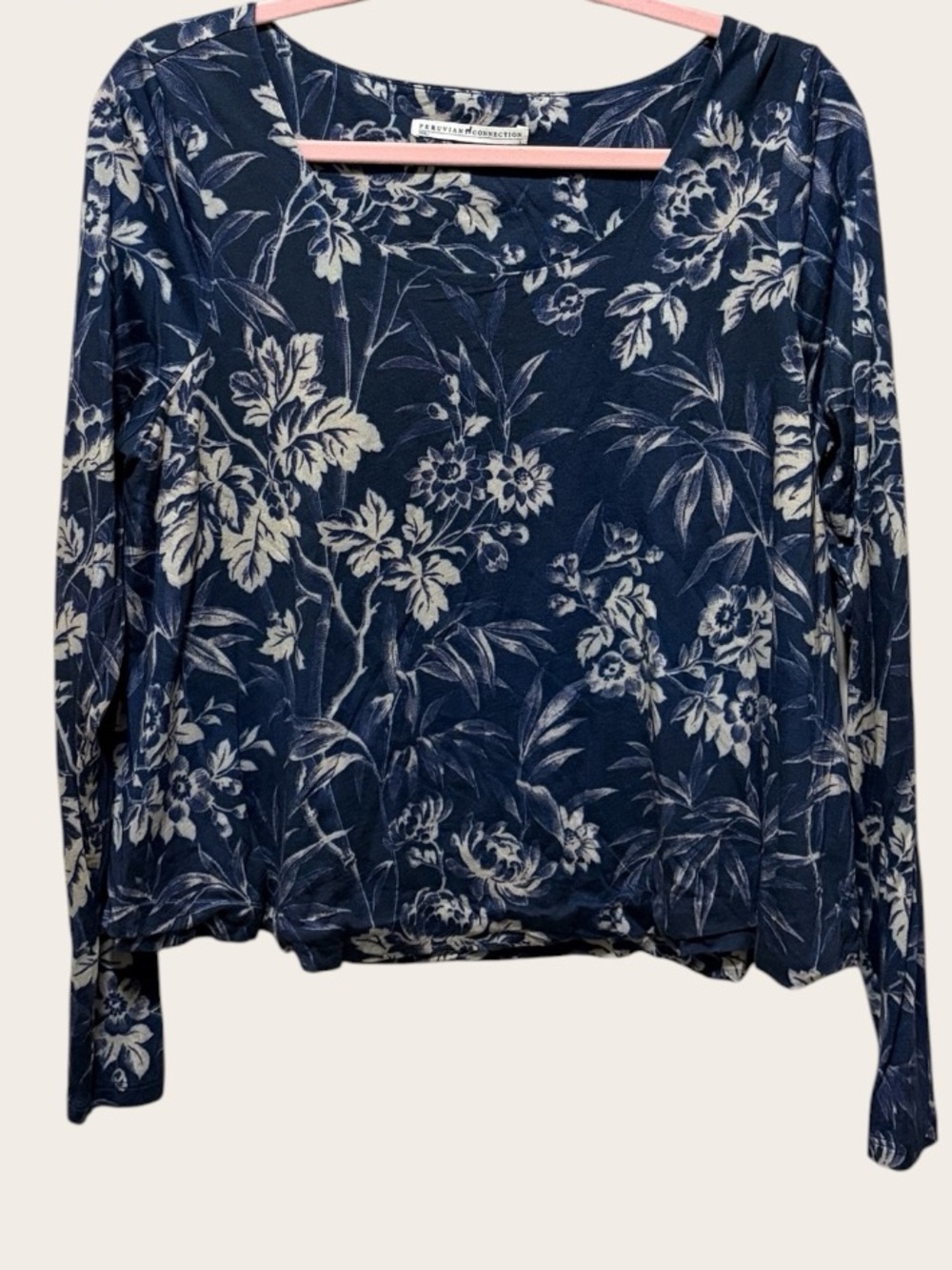 Peruvian Connection Blue Floral Top Women’s Large Boho Long Sleeve Blouse